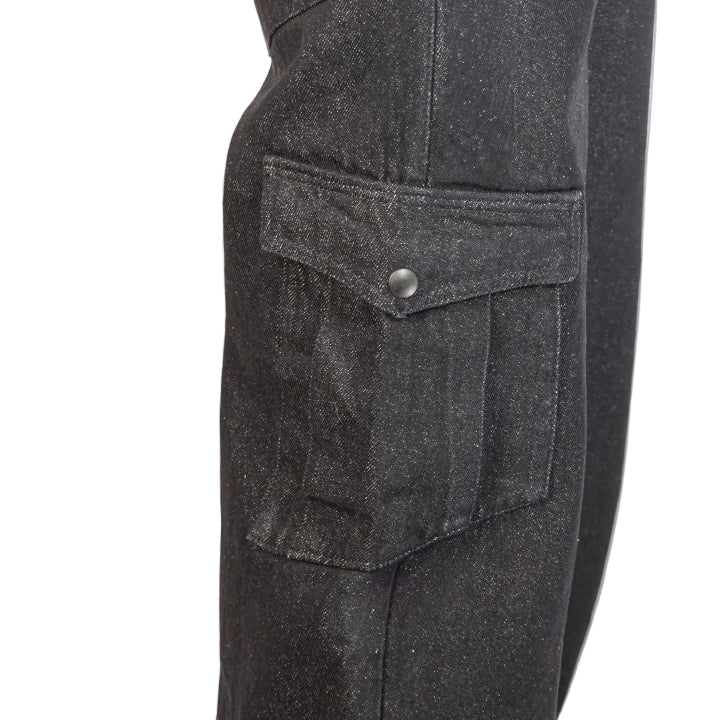 Black cargo pants with multiple pockets on a white background